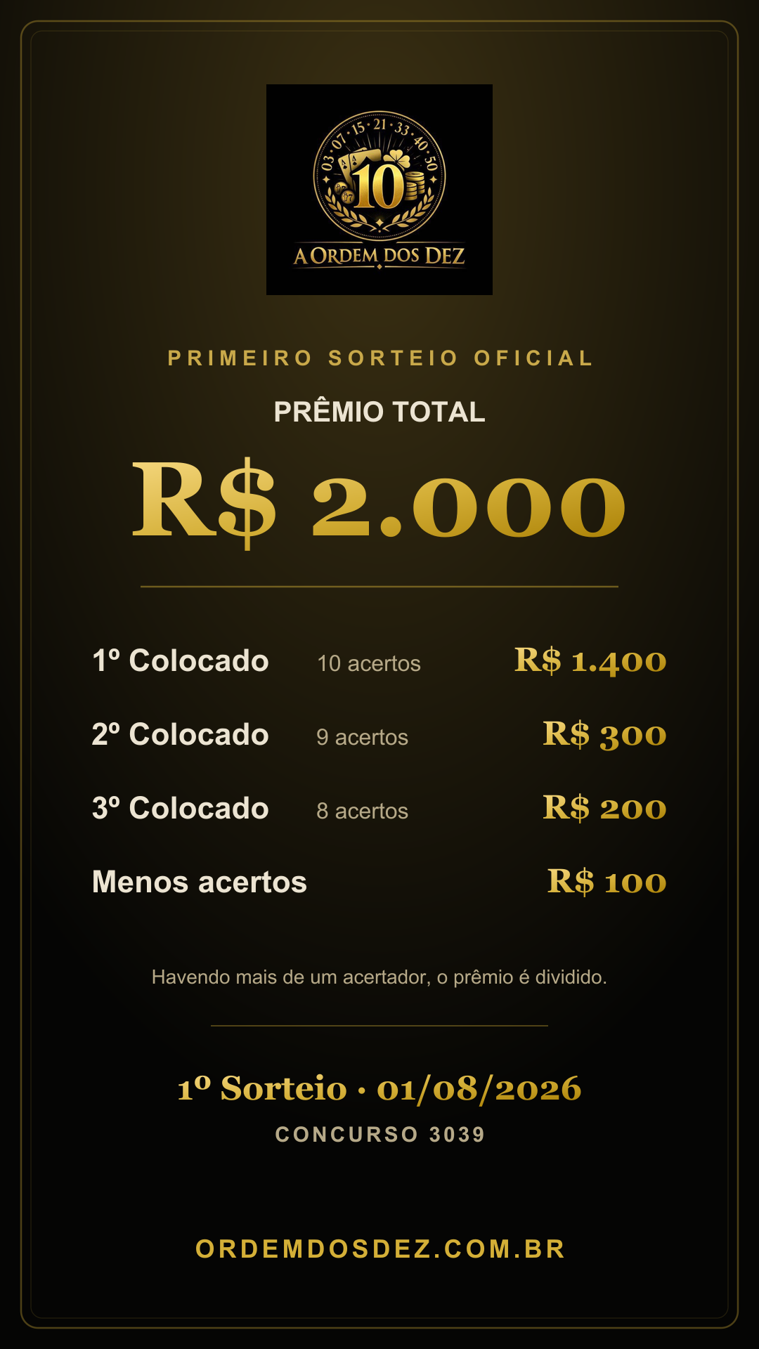 1º Sorteio — Prêmio total R$ 2.000 · 01/08/2026